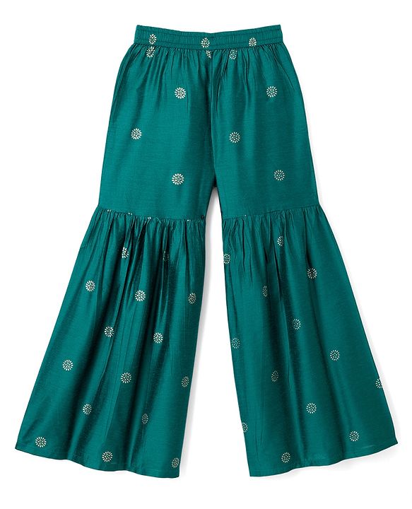 Pine Kids Viscose Woven Three Fourth Sleeves Kurta, Sharara & Dupatta Set With Floral Embroidery - Green