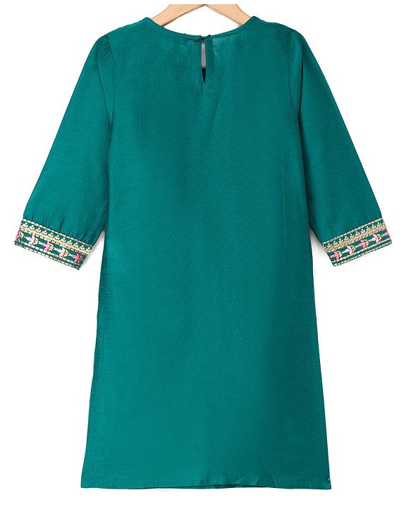Pine Kids Viscose Woven Three Fourth Sleeves Kurta, Sharara & Dupatta Set With Floral Embroidery - Green