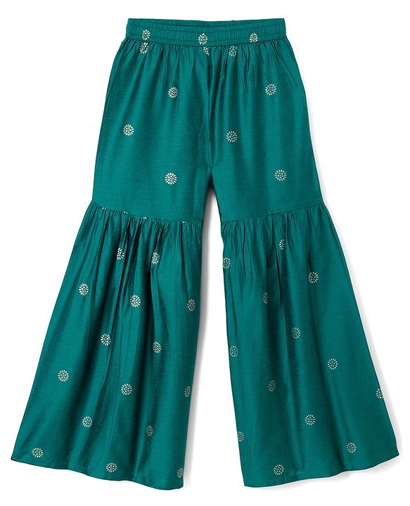 Pine Kids Viscose Woven Three Fourth Sleeves Kurta, Sharara & Dupatta Set With Floral Embroidery - Green
