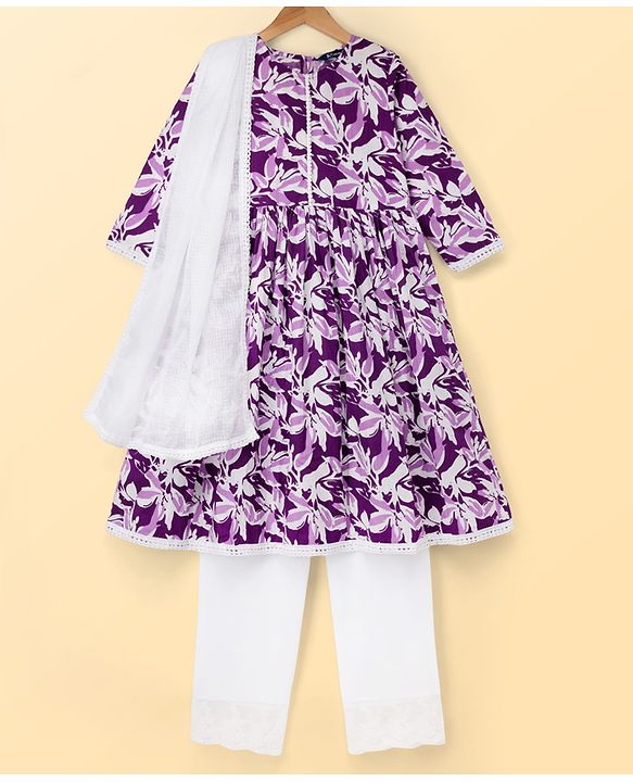 Pine Kids Cotton Woven Three-Fourth Floral Printed Kurti & Churidar Set With Dupatta - Purple