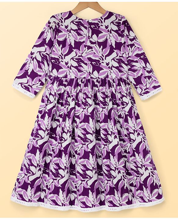 Pine Kids Cotton Woven Three-Fourth Floral Printed Kurti & Churidar Set With Dupatta - Purple