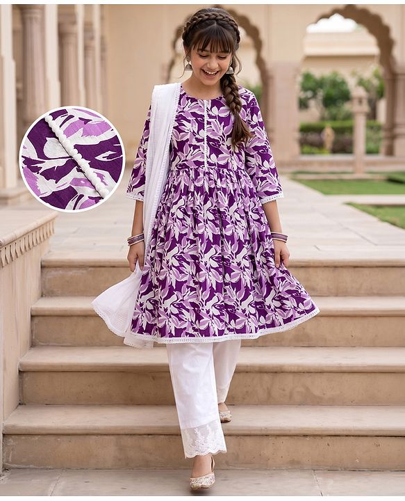 Pine Kids Cotton Woven Three-Fourth Floral Printed Kurti & Churidar Set With Dupatta - Purple