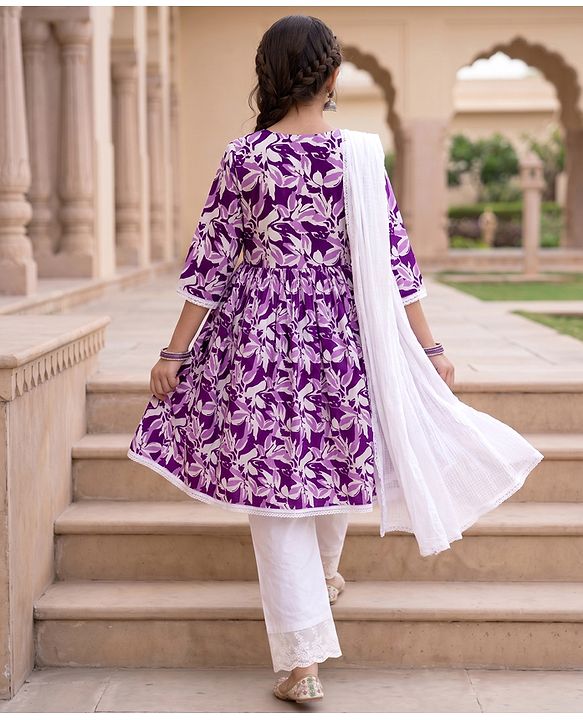 Pine Kids Cotton Woven Three-Fourth Floral Printed Kurti & Churidar Set With Dupatta - Purple