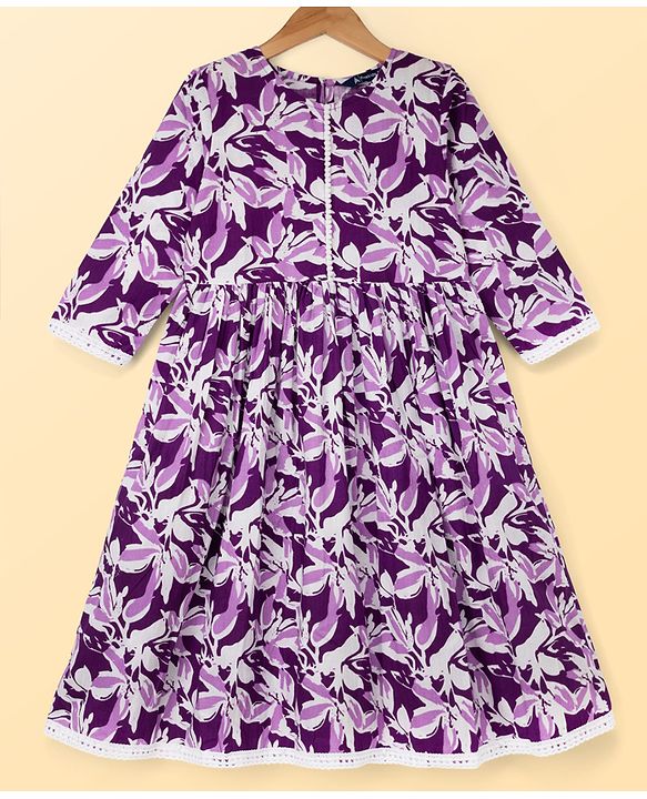 Pine Kids Cotton Woven Three-Fourth Floral Printed Kurti & Churidar Set With Dupatta - Purple