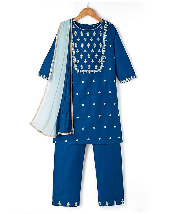 Pine Kids Woven Three Fourth Sleeves Kurti Churidar & Dupatta Set with Floral Embroidery & Sequin Detailing - Teal Blue
