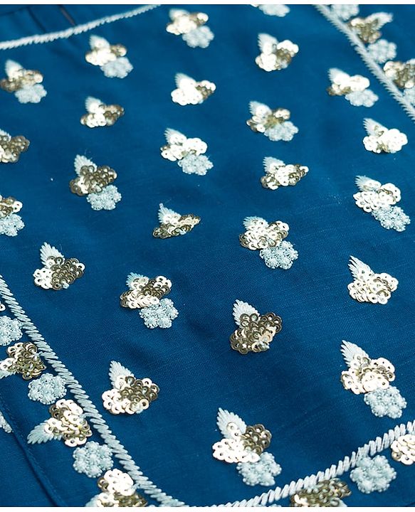 Pine Kids Woven Three Fourth Sleeves Kurti Churidar & Dupatta Set with Floral Embroidery & Sequin Detailing - Teal Blue