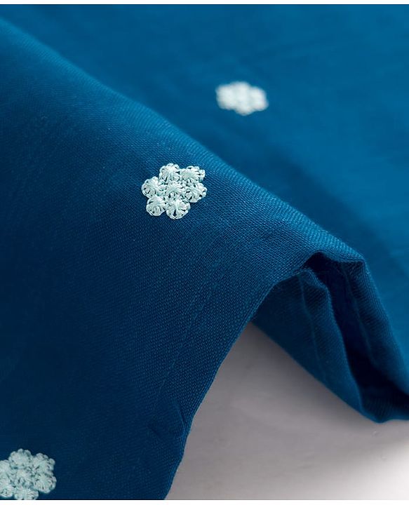 Pine Kids Woven Three Fourth Sleeves Kurti Churidar & Dupatta Set with Floral Embroidery & Sequin Detailing - Teal Blue