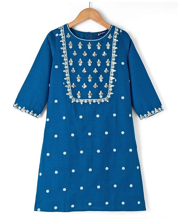 Pine Kids Woven Three Fourth Sleeves Kurti Churidar & Dupatta Set with Floral Embroidery & Sequin Detailing - Teal Blue