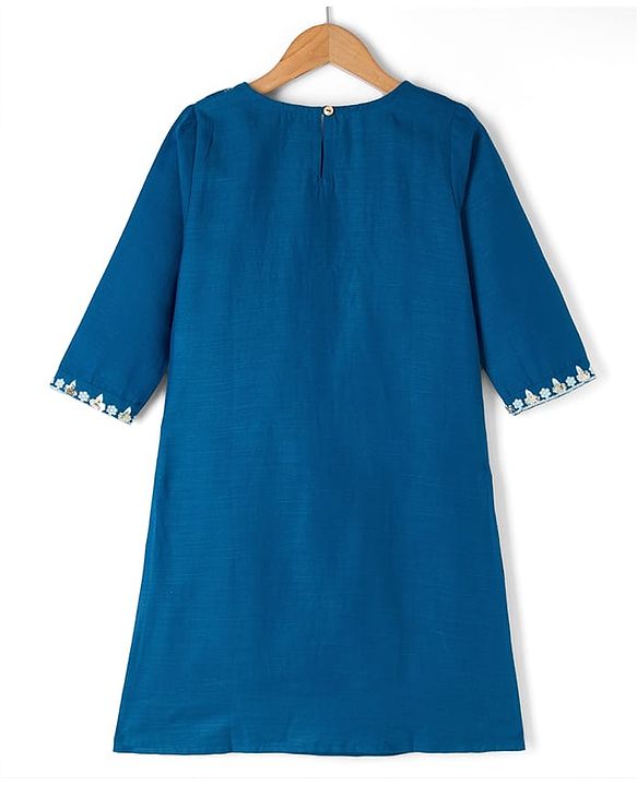 Pine Kids Woven Three Fourth Sleeves Kurti Churidar & Dupatta Set with Floral Embroidery & Sequin Detailing - Teal Blue