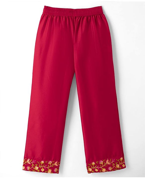 Pine Kids Woven 3/4th Sleeves Kurti and Churidar Set with Dupatta and Floral Embroidery in Red for 4-5 Years