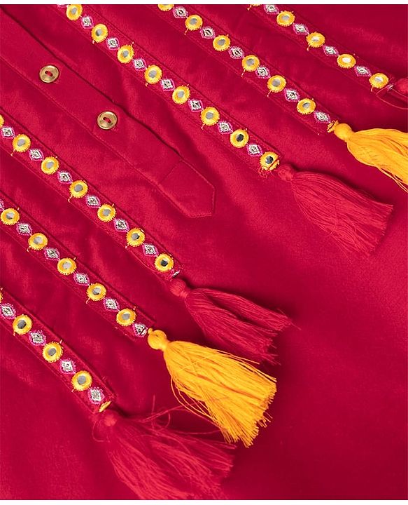 Pine Kids Woven 3/4th Sleeves Kurti and Churidar Set with Dupatta and Floral Embroidery in Red for 4-5 Years