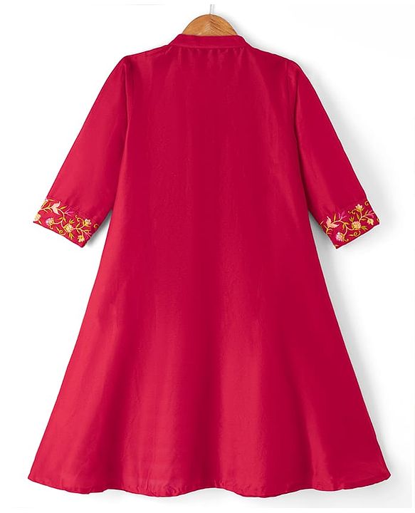 Pine Kids Woven 3/4th Sleeves Kurti and Churidar Set with Dupatta and Floral Embroidery in Red for 4-5 Years