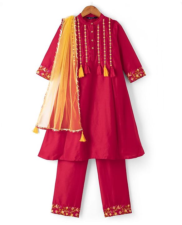 Pine Kids Woven 3/4th Sleeves Kurti and Churidar Set with Dupatta and Floral Embroidery in Red for 4-5 Years