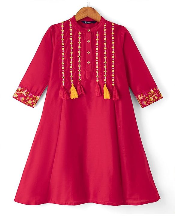 Pine Kids Woven 3/4th Sleeves Kurti and Churidar Set with Dupatta and Floral Embroidery in Red for 4-5 Years