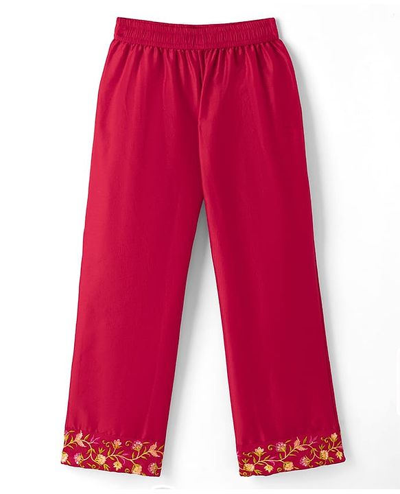 Pine Kids Woven 3/4th Sleeves Kurti and Churidar Set with Dupatta and Floral Embroidery in Red for 4-5 Years