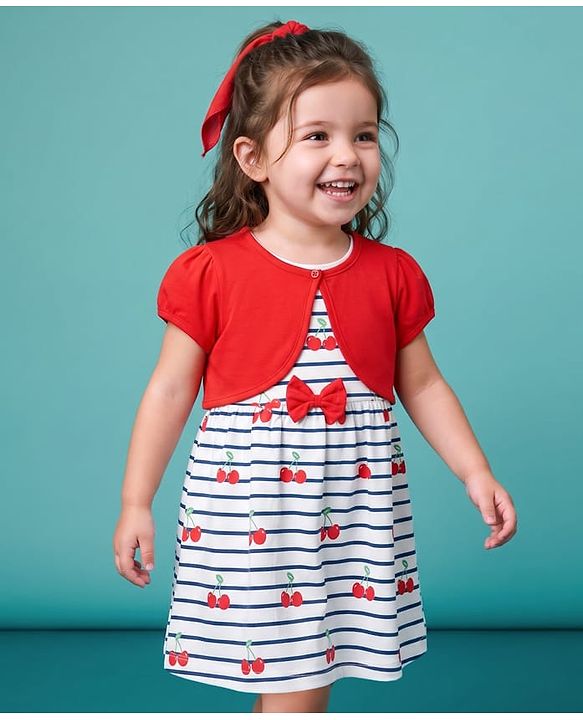 Babyhug Single Jersey Knit Half Sleeves Cherry Printed Frock with Shrug & Bow Applique  - White