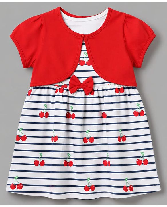 Babyhug Single Jersey Knit Half Sleeves Cherry Printed Frock with Shrug & Bow Applique  - White