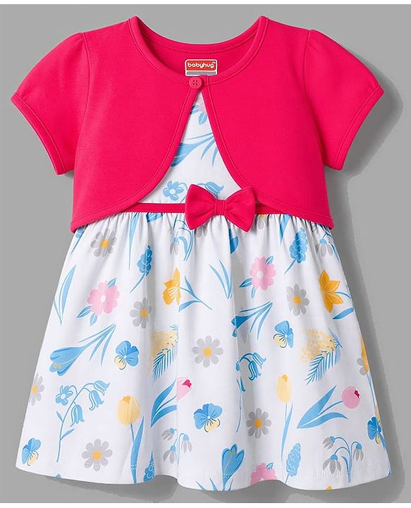 Babyhug Single Jersey Knit Half Sleeves Floral Printed & Bow Applique Frock With Shrug - White