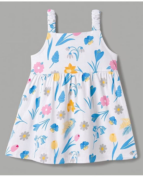 Babyhug Single Jersey Knit Half Sleeves Floral Printed & Bow Applique Frock With Shrug - White