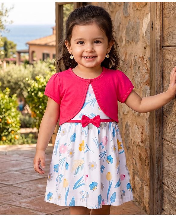 Babyhug Single Jersey Knit Half Sleeves Floral Printed & Bow Applique Frock With Shrug - White