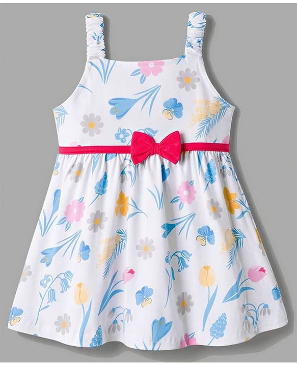 Babyhug Single Jersey Knit Half Sleeves Floral Printed & Bow Applique Frock With Shrug - White