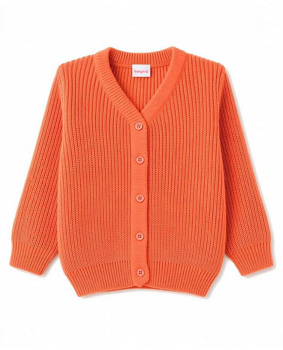 Babyhug Knit Full Sleeves Solid Colour Front Open Sweater - Orange