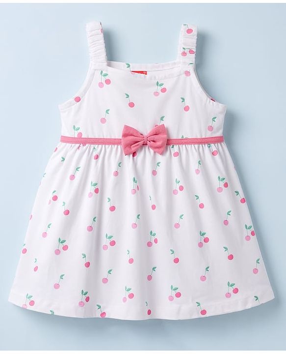 Babyhug Single Jersey Knit Half Sleeves Cherry Printed Frock With Shrug & Bow Applique - White & Pink