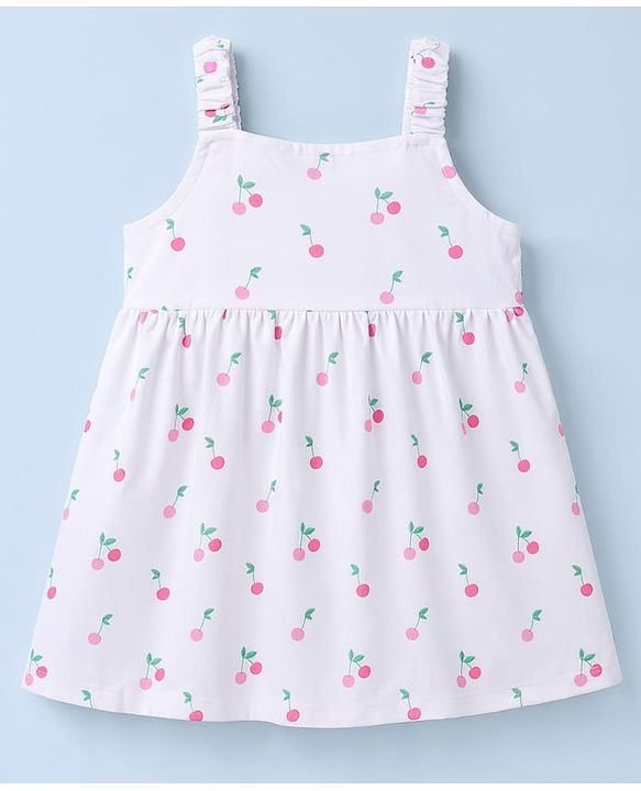 Babyhug Single Jersey Knit Half Sleeves Cherry Printed Frock With Shrug & Bow Applique - White & Pink