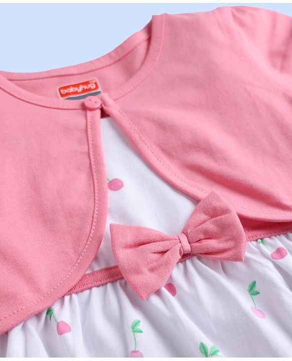 Babyhug Single Jersey Knit Half Sleeves Cherry Printed Frock With Shrug & Bow Applique - White & Pink