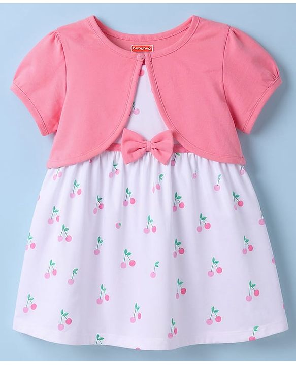 Babyhug Single Jersey Knit Half Sleeves Cherry Printed Frock With Shrug & Bow Applique - White & Pink