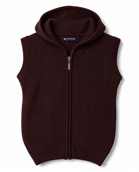 Pine Kids Knit Sleeveless Front Open Hooded Sweater - Brown