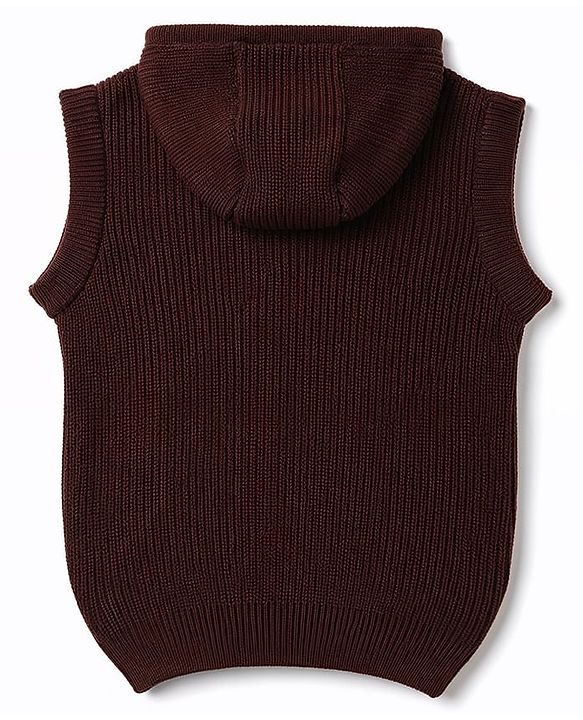 Pine Kids Knit Sleeveless Front Open Hooded Sweater - Brown