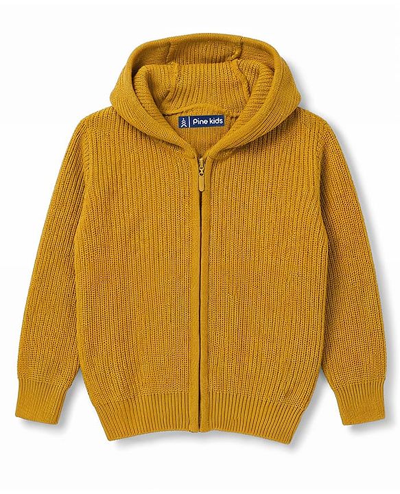 Pine Kids Knit Full Sleeves Front Open Hooded Sweater - Mustard