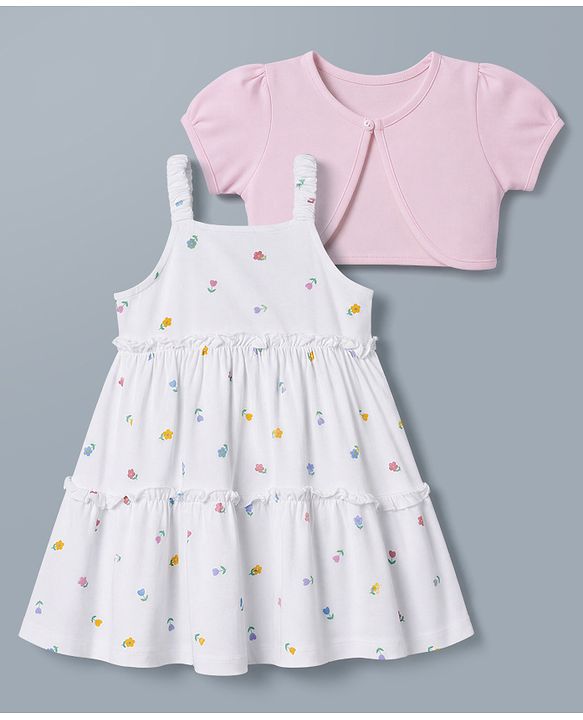 Babyhug Single Jersey Knit Half Sleeves Shrug With Floral Printed & Tiered Frock - White