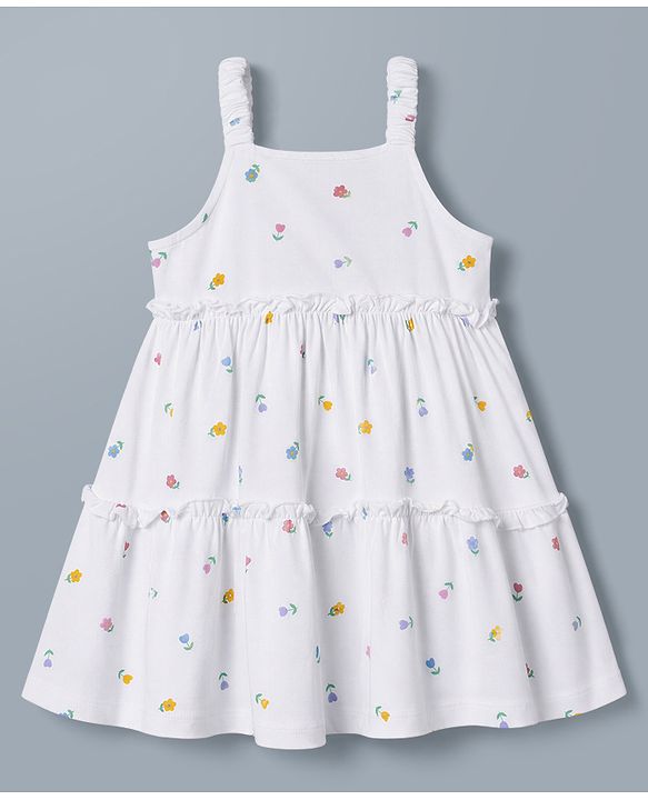 Babyhug Single Jersey Knit Half Sleeves Shrug With Floral Printed & Tiered Frock - White