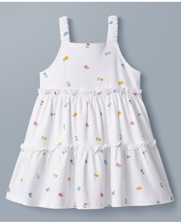 Babyhug Single Jersey Knit Half Sleeves Shrug With Floral Printed & Tiered Frock - White