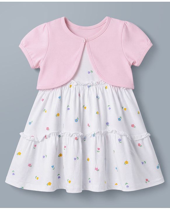 Babyhug Single Jersey Knit Half Sleeves Shrug With Floral Printed & Tiered Frock - White