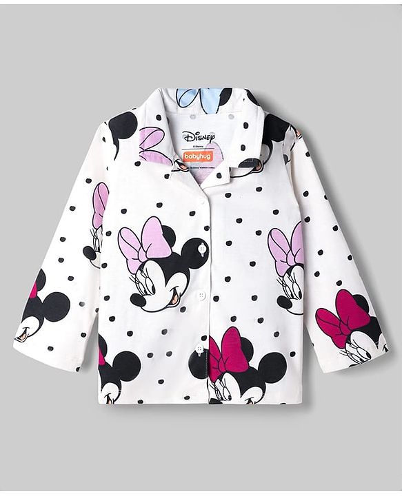Babyhug Disney Single Jersey Knit Full Sleeves Shirt & Pyjama Co-ords Night Suit With Minnie Mouse Graphic - White