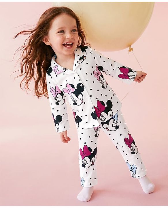 Babyhug Disney Single Jersey Knit Full Sleeves Shirt & Pyjama Co-ords Night Suit With Minnie Mouse Graphic - White