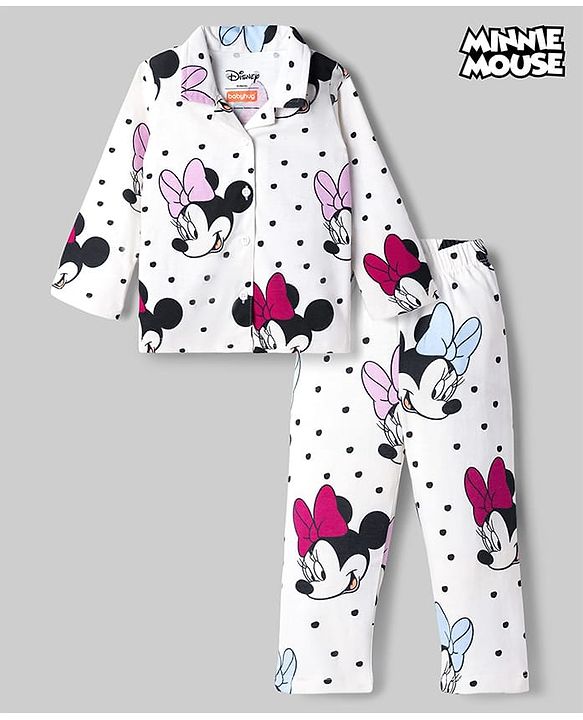 Babyhug Disney Single Jersey Knit Full Sleeves Shirt & Pyjama Co-ords Night Suit With Minnie Mouse Graphic - White