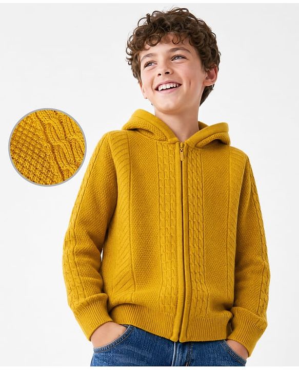 Pine Kids Cable Knit Front Open Sweater with Full Sleeves in Mustard