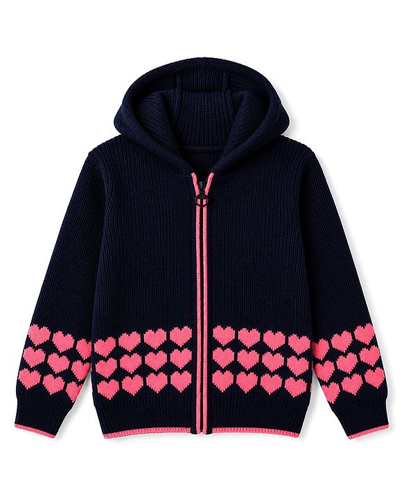Pine Kids Knit Front Open Sweater with Full Sleeves and Hearts Design in Navy Blue for 4-5 Years