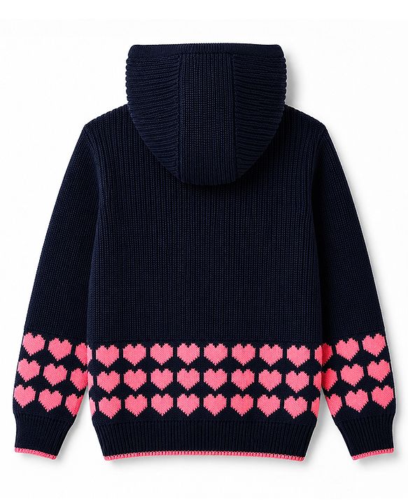 Pine Kids Knit Front Open Sweater with Full Sleeves and Hearts Design in Navy Blue for 4-5 Years