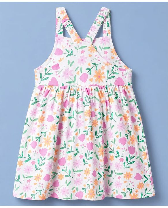 Babyhug Cotton Single Jersey Knit Half Sleeves Floral Printed Frock with Shrug - White
