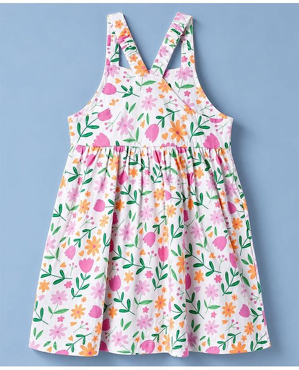 Babyhug Cotton Single Jersey Knit Half Sleeves Floral Printed Frock with Shrug - White