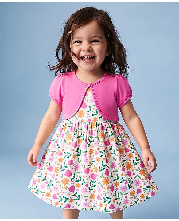 Babyhug Cotton Single Jersey Knit Half Sleeves Floral Printed Frock with Shrug - White