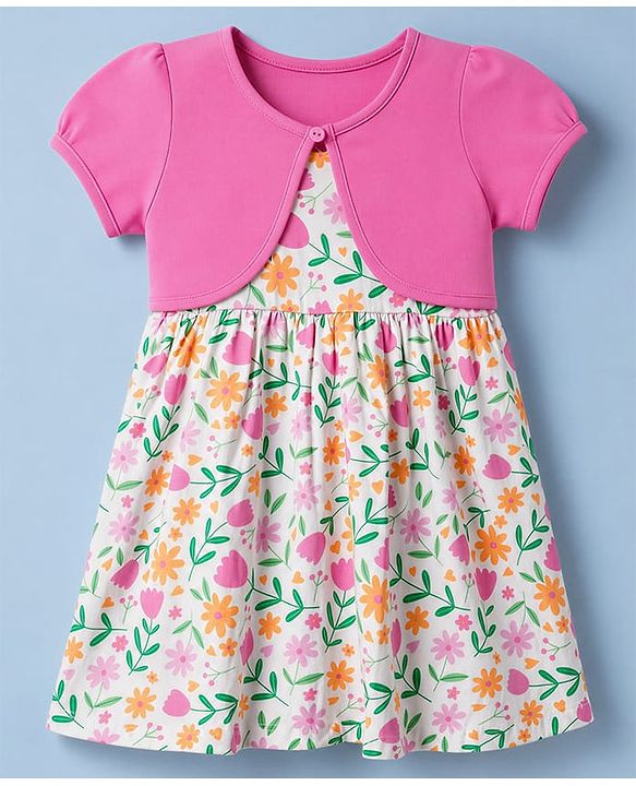 Babyhug Cotton Single Jersey Knit Half Sleeves Floral Printed Frock with Shrug - White