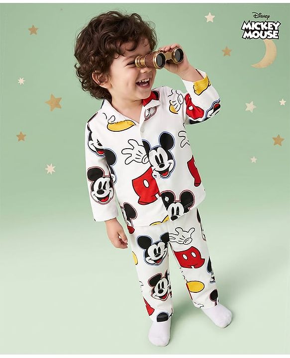 Babyhug Disney 100% Cotton Knit Full Sleeves Co-Ords Shirt & Pyjama Night Suit With Mickey Mouse Graphic - White