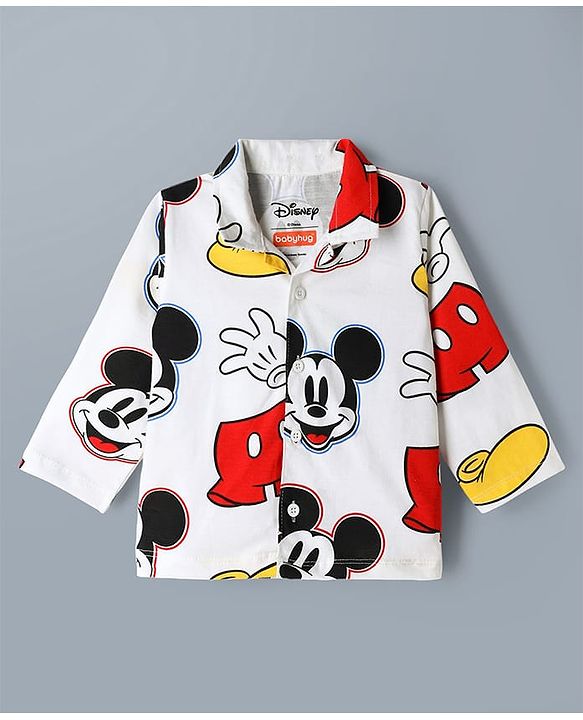 Babyhug Disney 100% Cotton Knit Full Sleeves Co-Ords Shirt & Pyjama Night Suit With Mickey Mouse Graphic - White