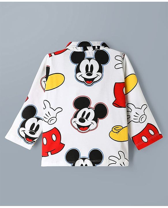 Babyhug Disney 100% Cotton Knit Full Sleeves Co-Ords Shirt & Pyjama Night Suit With Mickey Mouse Graphic - White